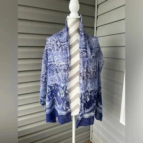 Vintage English Eccentrics London Chiffon Silk Blue Floral Scarf - Picture 1 of 5